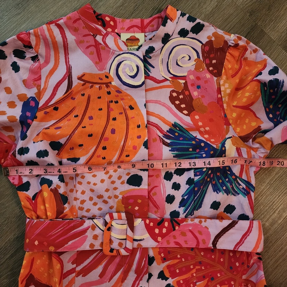 Farm Rio Tropical Print Belted Midi Dress M Pink Orange Bell Sleeve Resortwear - Picture 10 of 16